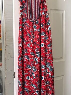 Red Floral Maxi Dress with Blue & White Accents